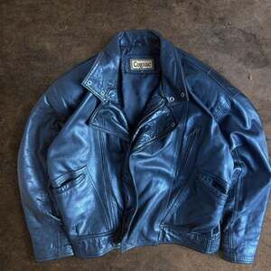 Vintage Y2K Cognac Black Leather Biker Jacket, Size S — Made in Korea